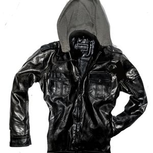 Chereskin Black Leather Hooded Biker Style Jacket